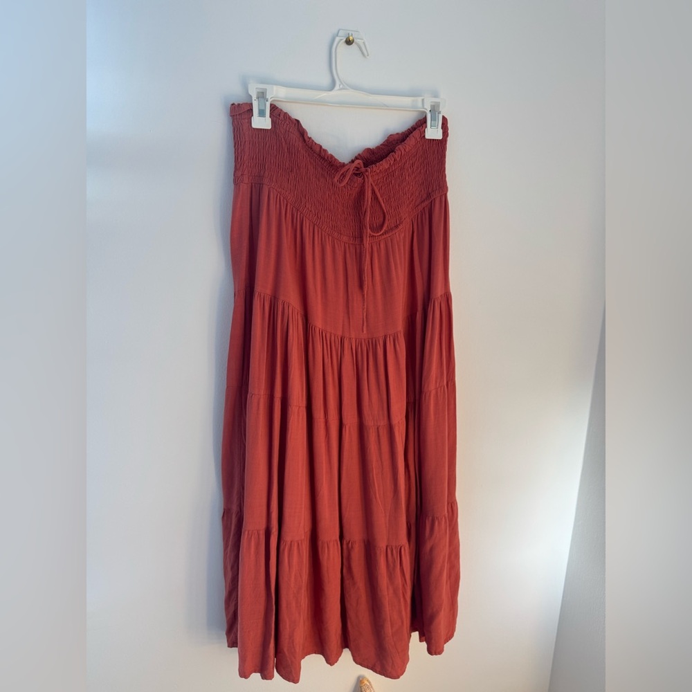 American Eagle Outfitters Red Smocked Tiered Maxi Skirt